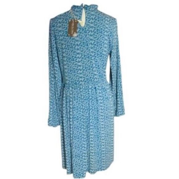 Matilda Jane Womens Blue Gray Floral Ruffle Neck Audra Smocked Dress Large NWT - Picture 3 of 5